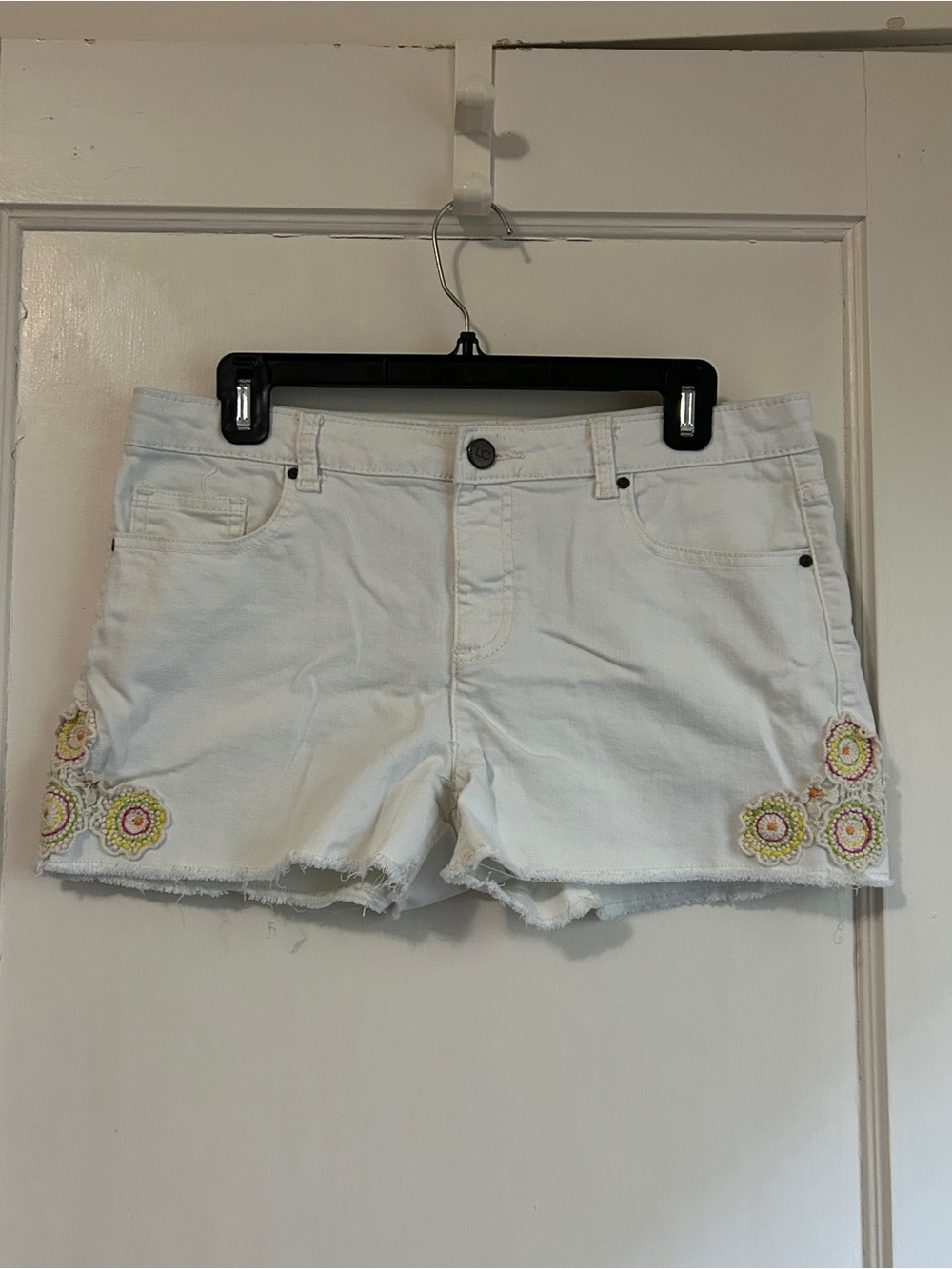 LC Lauren Conrad White Denim Cutoff Shorts with Floral Crochet Trim